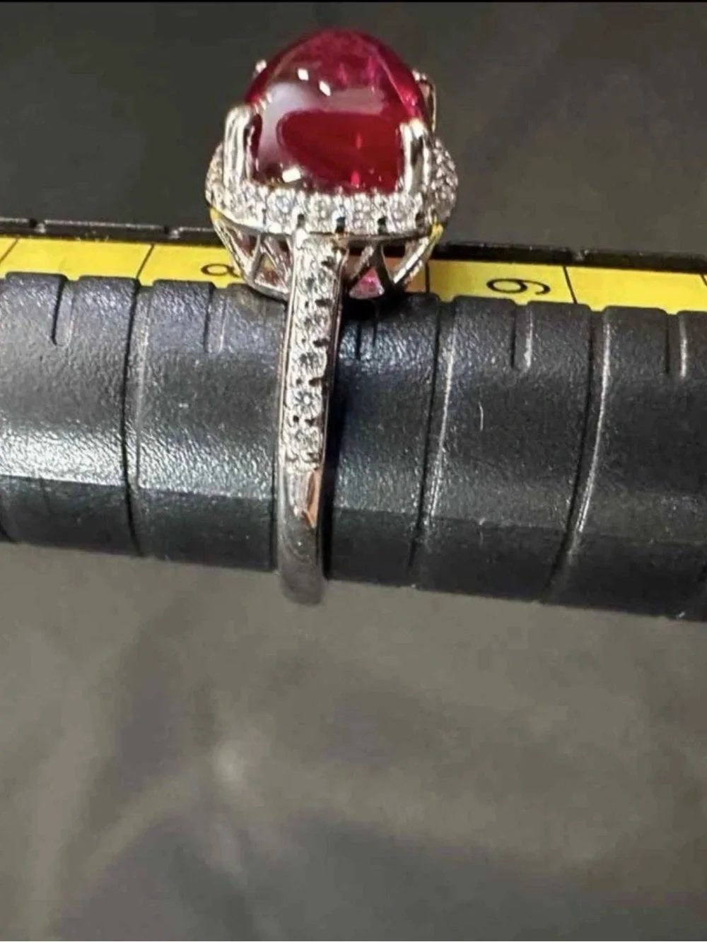 Ruby Red Gemstone & CZ Halo Sterling Silver 925 Ring Size 8 with Pavé Band